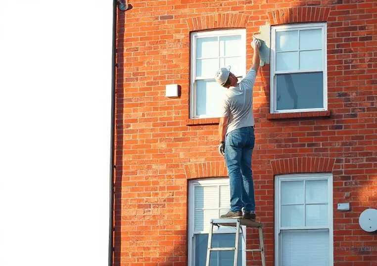 Peintre sur échafaudage traitant la façade d'une maison
